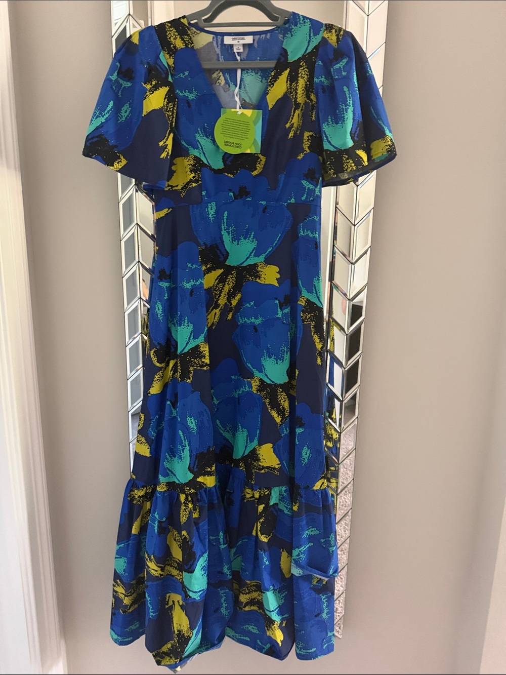 Christopher John Rogers Blue & Teal Floral Print Midi Dress with Yellow Accents